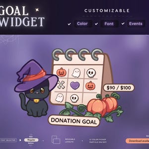 May include: A digital Halloween-themed widget featuring a black cat in a witch's hat, a calendar with Halloween icons, and pumpkins. Text includes "GOAL WIDGET" and "DONATION GOAL". Options for colour, font, and events are customisable.