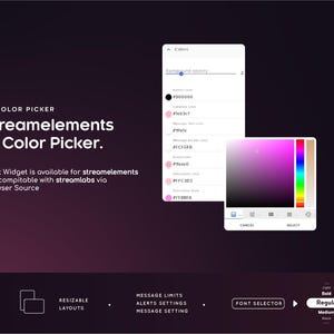 May include: A digital interface for a UI colour picker, with the text "Streamelements UI Color Picker." The interface includes colour selection tools and options for chat widgets, with a dark purple and pink gradient background.