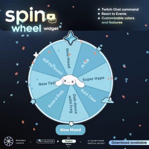 Puede incluir: Un widget de ruleta digital para Twitch que presenta una rueda circular de color azul claro con ocho segmentos etiquetados con texto que incluye New Mood, Big W, Super Hype, Raid Time, Dab dance with Frog, Sing a song, New Task y RIP for Kumi.
