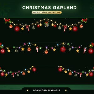 Op de afbeelding: Een digitale kerst-slinger decoratie voor livestreams met drie variaties van lichtsnoeren versierd met rode ornamenten, gouden sterren, sneeuwvlokken en zuurstokken. De tekst CHRISTMAS GARLAND en DOWNLOAD AVAILABLE is zichtbaar.