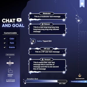 Peut inclure: Interface numérique bleu foncé avec des éléments de chat et d'objectif personnalisables. Le texte comprend "Chat and Goal", "Modérateur", "Follower", "VIP user" et "Hanayori". Une barre d'objectif de don est également présente.