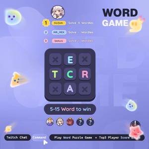 Könnte beinhalten: Eine digitale Wortspiel-Oberfläche auf hellviolettem Hintergrund mit einem zentralen 3x3-Gitter mit den Buchstaben E, T, C, R, A. Die Anzeige zeigt eine Rangliste mit den Namen Suzan, Mr_Rex und Sanju, ein 5-15 Word to win Banner und Schaltflächen.