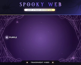 May include: A digital Halloween-themed background with a purple gradient. The words "SPOOKY WEB" are at the top, with "LOOP STREAM DECORATION" below. White spiderwebs and small spiders are visible. The word "PURPLE" is on the left, and "TRANSPARENT VIDEO" is at the bottom.