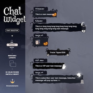 May include: A digital interface design for a chat widget, featuring Halloween-themed elements. The design includes text boxes with example messages, user profiles, and customizable options for font, layout, and colour. The overall colour scheme is dark with spooky accents.