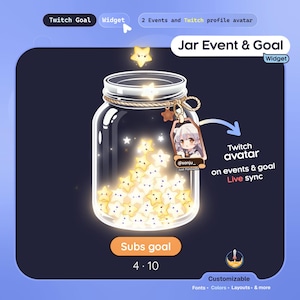May include: A digital Twitch widget featuring a glass jar filled with glowing yellow star-shaped icons. A rope tied around the jar neck holds a small frame displaying a character avatar and the text @sanju_ Just Followed. Below the jar is a Subs goal bar.