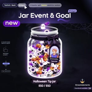 May include: A digital Halloween tip jar widget for Twitch featuring a glass jar filled with cartoon skulls, pumpkins, eyeballs, and ghosts. A black tag with a profile avatar and the text @nasmediaa Tipped $10 hangs from the jar rim.