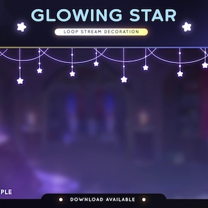 Może przedstawiać: Grafika cyfrowa z napisem "GLOWING STAR" w kolorze jasnoniebieskim, nad "LOOP STREAM DECORATION". Obraz ma fioletowe tło z wiszącymi białymi gwiazdkami. Słowo "PURPLE" znajduje się w lewym dolnym rogu.