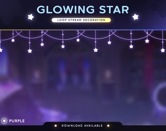 May include: A digital graphic with the text "GLOWING STAR" in light blue, above "LOOP STREAM DECORATION". The image features a purple background with hanging white star lights. The word "PURPLE" is at the bottom left.