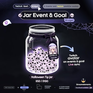 Pode incluir: Uma interface de widget digital do Twitch apresentando um frasco de vidro cheio de crânios roxo-claros. O frasco é adornado com um laço roxo escuro e uma etiqueta exibindo um avatar com o texto @sanju_vt Tipped $10. O texto inclui Jar Event & Goal, Halloween Tip jar e $50 / $100.