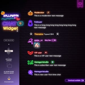 以下が含まれることがあります： ネオンのテキストとグラフィックを備えた、ハロウィーンをテーマにしたデジタルチャットウィジェットインターフェース。デザインには、カボチャ、コウモリ、幽霊、クモの巣が含まれています。「HALLOWEEN CHAT Widget」、ユーザー名、チャットメッセージなどのテキストが含まれています。