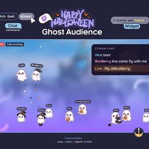 May include: A digital overlay for live streaming featuring a Happy Halloween Ghost Audience theme. The interface includes a chat box with messages, customisable widgets, and animated ghost characters with names like Lina, BooBerry, and Tomoko.