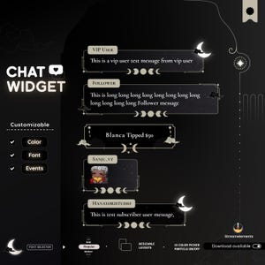 May include: A dark-themed chat widget design with a crescent moon and star motif. The design includes customizable options for color, font, and events. Text elements include "CHAT WIDGET", "VIP USER", "FOLLOWER", and "HANAYORISTUDIO".