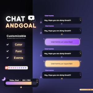 May include: A customizable chat and goal tracker with a purple and yellow color scheme. The tracker displays a progress bar with the text "Follow Goal - 200/900". The tracker also displays a series of chat messages with the text "Username just subscribed" and "Username just tipped $20".