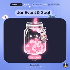Puede incluir: Un widget digital de Twitch con un frasco de vidrio lleno de corazones brillantes rosas y blancos. Una etiqueta con un avatar de estilo anime y el texto @sanju_vt cuelga del cuello del frasco. Debajo, un botón rosa muestra Sub goal 5 10.
