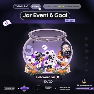 May include: A digital Halloween jar widget for Twitch featuring a purple glass container filled with cartoon ghosts, eyeballs, pumpkins, and candies. A skull-adorned rope hangs around the rim with a tag displaying a profile avatar and text.