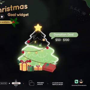May include: A Christmas-themed donation goal widget with a glowing green Christmas tree, presents, and the text "Donation Goal $50 - $100". The widget is customizable with color, font, and events.