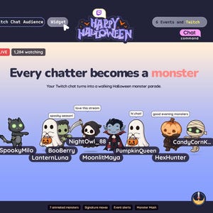 May include: A digital interface for a Twitch widget titled Happy Halloween. The screen displays the text Every chatter becomes a monster and shows seven animated monster avatars including a cat, ghosts, a vampire, and a pumpkin.