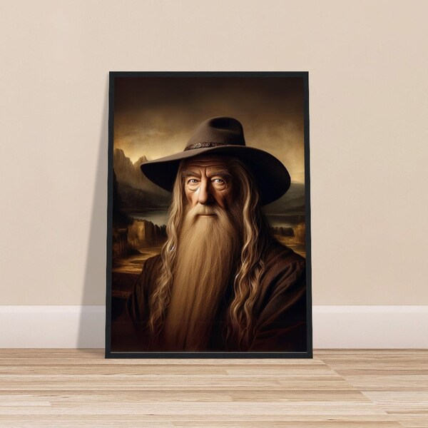 Affiche d'art mural haut de gamme "Gandalf en Mona Lisa" avec un élégant cadre en bois