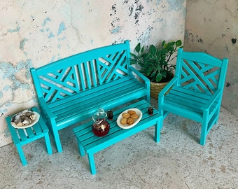 Beautiful Outdoor Wooden Bright Turquoise Dollhouse Set, Bench, Table, Side Table and Chair and Accessories, 1:12, Perfect for a Beach House