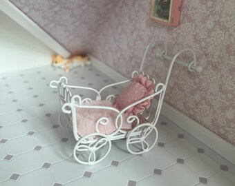 Dollhouse Miniature White Metal Pram Stroller