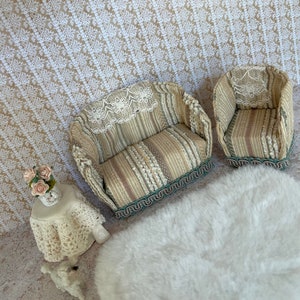 Vintage Handmade Dollhouse Sofa and Chair and  little round Table, Super Shabby Chic! 1:12