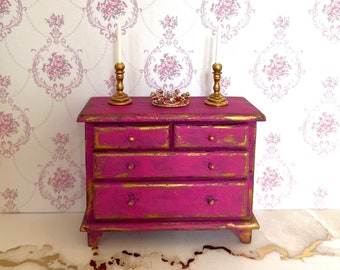 Dollhouse Hot Pink Fuchsia with Gold Leaf Chest of Draws, Dresser, Vintage 1:12 Hand painted with Chalk Paint