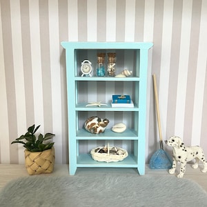 Dollhouse Beach House Miniature Shelves/Bookcase, Light Blue with Decor, Little Distress, 1:12