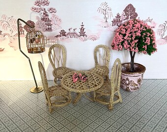 Vintage Dollhouse Miniature Ratan/Wicker Chairs and Table Set, Oriental Style Very Natural Shabby Chic