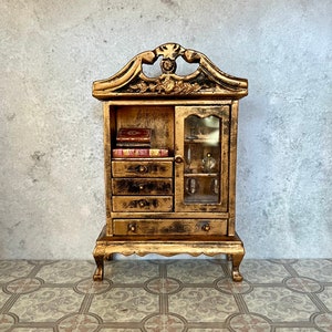 Unique Dollhouse Miniature  Luxury Gold Black Lacquer Cabinet, Vintage and Renovated