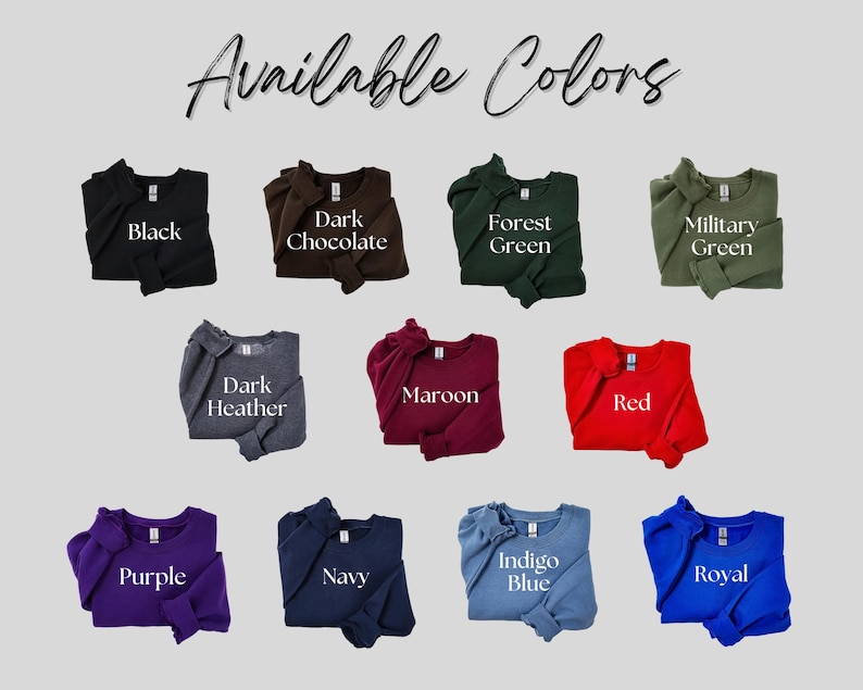 Sweatshirt available in black, brown, green, gray, maroon, red, purple, navy, and blue