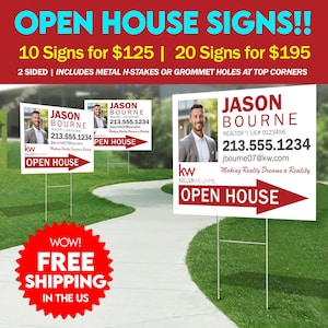 May include: White rectangular real estate signs featuring a portrait of a person in a suit, the name Jason Bourne, contact information, the Keller Williams logo, and a red arrow pointing right with the text Open House, supported by metal H-stakes.