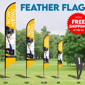May include: Five yellow and black feather flags with the text "NOW HIRING" and a website address. The flags are displayed on poles of varying heights in a grassy field. The flags are 18 feet, 14 feet, 10.5 feet, 9 feet, and 6 feet tall.