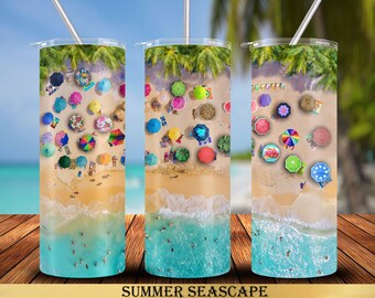 Summer Seascape 20 oz Tumbler Wrap Sublimation Designs, Straight & Tapered, Instant Download PNG, 30 oz Design Also Included, Beach Scene