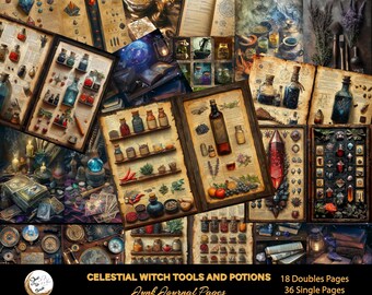 Op de afbeelding: Een collage van vintage-stijl illustraties met hemelse heksen tools en drankjes. De afbeeldingen bevatten planken met drankflessen, open boeken en botanische elementen. De tekst luidt "Celestial Witch Tools and Potions" en "Junk Journal Pages."