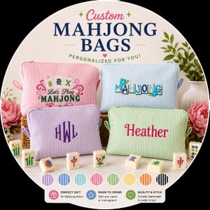 Pochette con cerniera per Mahjong personalizzata e ricamata / Borsa cosmetica in seersucker / Porta tessere per Mahjong / Regalo per appassionati di Mahjong / Borsa da viaggio personalizzata