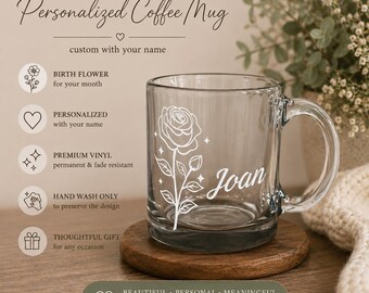 Personalized Birth Flower Glass Mug | Custom Coffee Cup Gift