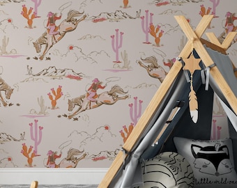 Pink Cowgirl & Wild Horses Removable Wallpaper - Western Nursery Decor for Girls 0477-52