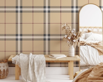 Neutral Plaid Peel and Stick Wallpaper | Beige Classic Check Pattern | Cozy Modern Cottage Wall Decor T007-52