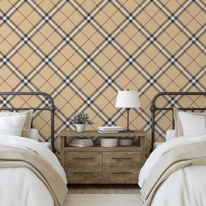 Beige Grey Red Tartan Wallpaper - Brown Plaid Removable Wallpaper Bedroom Decor T008-26