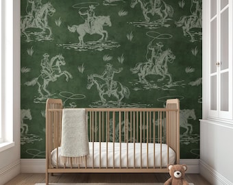 Olive Green Cowboys Removable Wallpaper: Western Nursery Decor, Peel and Stick 0498-78