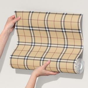 Beige Plaid Removable Wallpaper: Peel & Stick Fabric or Canvas T007-13