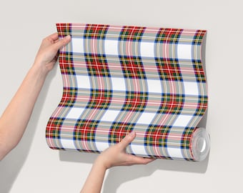 Red Plaid Removable Wallpaper: Peel & Stick Fabric or Canvas Stewart Dress Clan Tartan T006-13