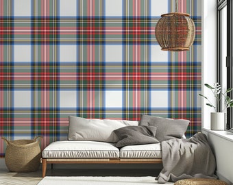 Red Green White Plaid Wallpaper | Removable Peel & Stick Fabric, Canvas Stewart Dress Tartan T006-52