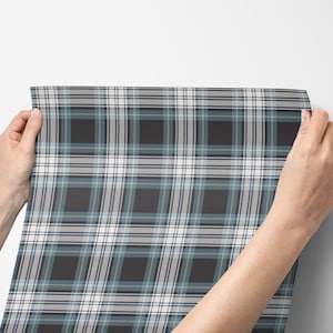 Blue Teal Tartan Plaid Removable Wallpaper: Peel & Stick Fabric or Canvas T003-13