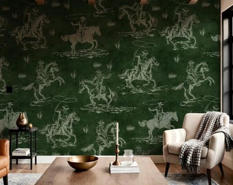 Western Wallpaper, Dark Green Cowboy Wallpaper, Rustic Bedroom Decor 0498-78