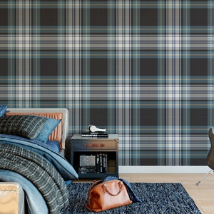 Teal Blue Grey Plaid Wallpaper: Removable Peel & Stick Fabric, Prepasted or non pasted T003-52