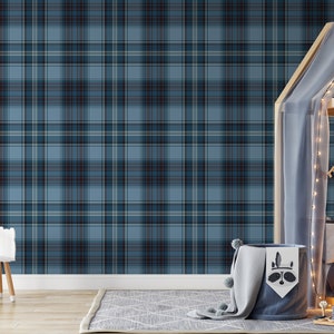 Blue Tartan Wallpaper, Blue Plaid Wallpaper, Tartan Clan Wallpaper Bedroom Decor, Peel & Stick FABRIC Textured, Removable WALLPAPER T01L