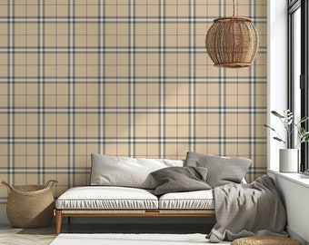 Medium-Scale Neutral Plaid Peel and Stick Wallpaper | Beige Micro Check | Cozy Nursery & Cottage Wall Decor T007-26