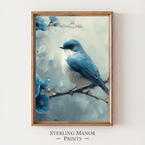 Song Bird Blue Vertical Blossom Art Elegant Nature Decor 1421