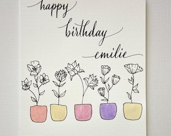 Personalized Birthday Card with Name: Handmade Calligraphy, Pen & Watercolor, A2 size